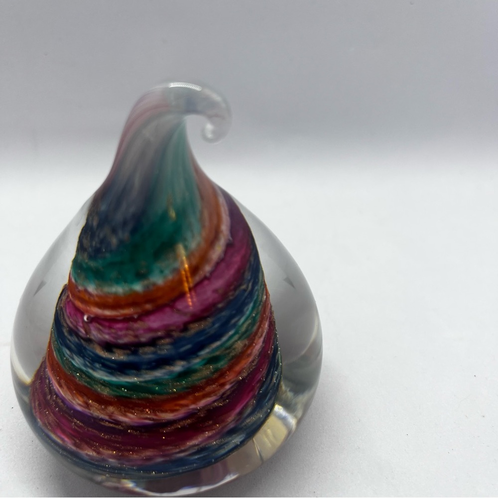 Handblown WV-Glass Dimensions teardrop rainbow swirl paperweight - Picture 3 of 9